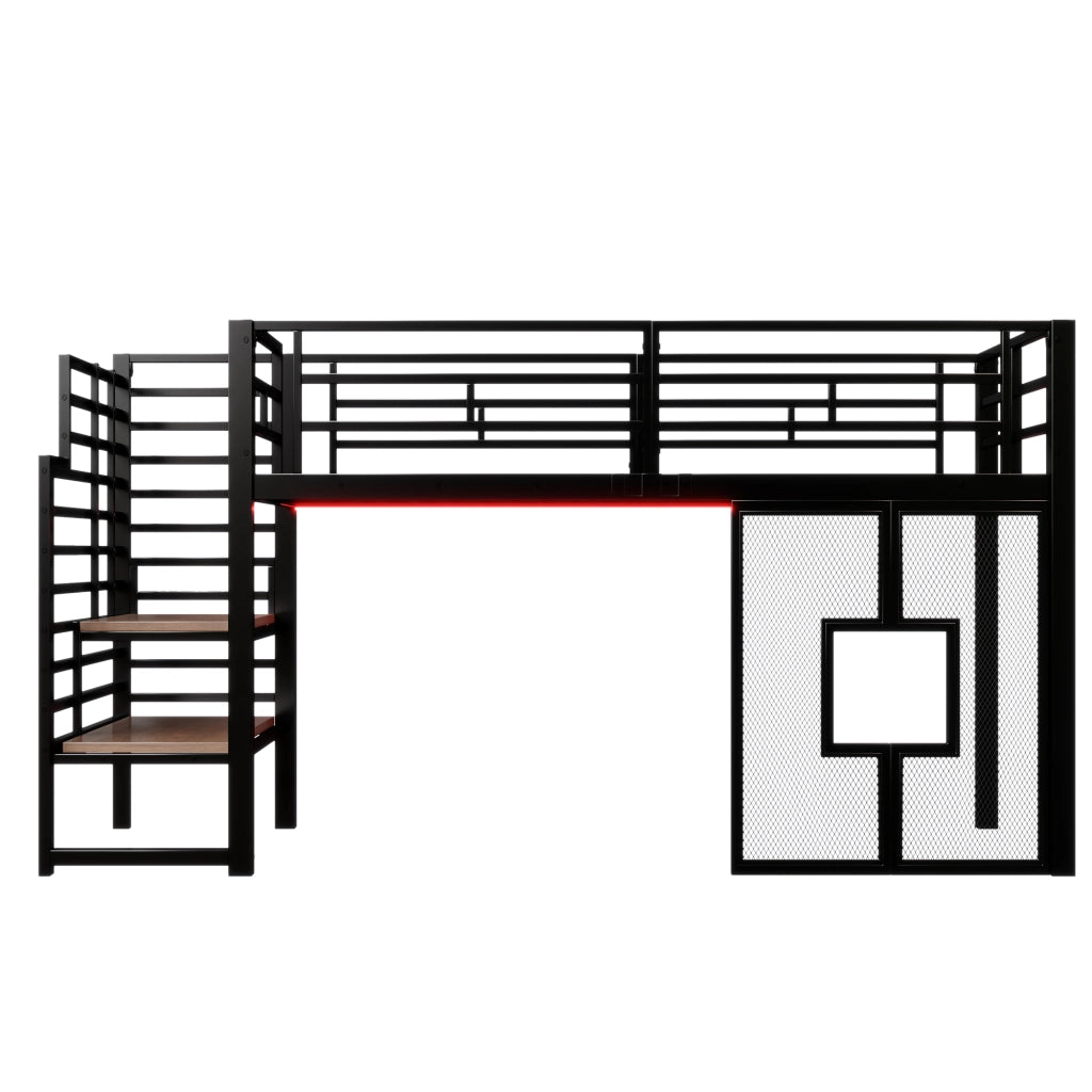 LETTO a soppalco in metallo 90x200 cm Nero con scala e luci LED