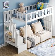 Letto a soppalco per bambini 90x200 cm con scala e ripiani; in legno; bianco