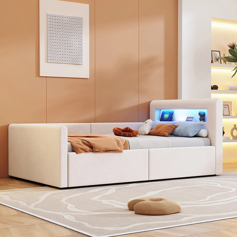 Letto bambino-Xylo-90x200 cm-LED, USB, idraulico, velluto beige