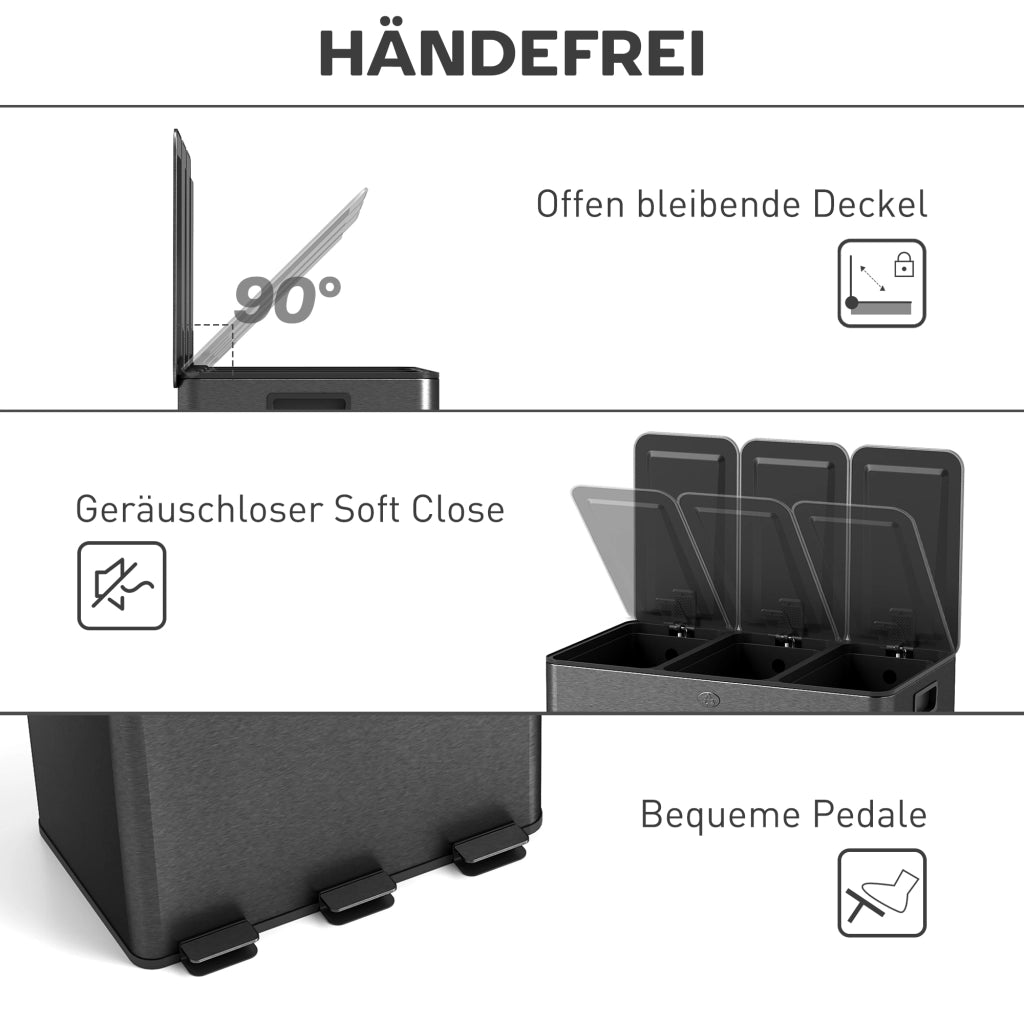 Pattumiera con 3 scomparti da 20L ¨C Xylo ¨C coperchio deodorante, chiusura soft-close, nero