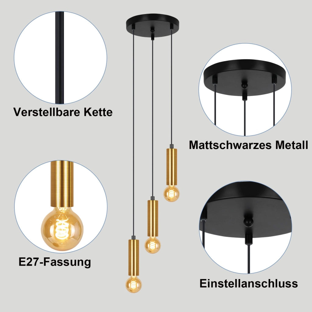Lampada a sospensione ZMH per sala da pranzo oro, 3 fiamme E27 135 cm lampada da soggiorno e cucina