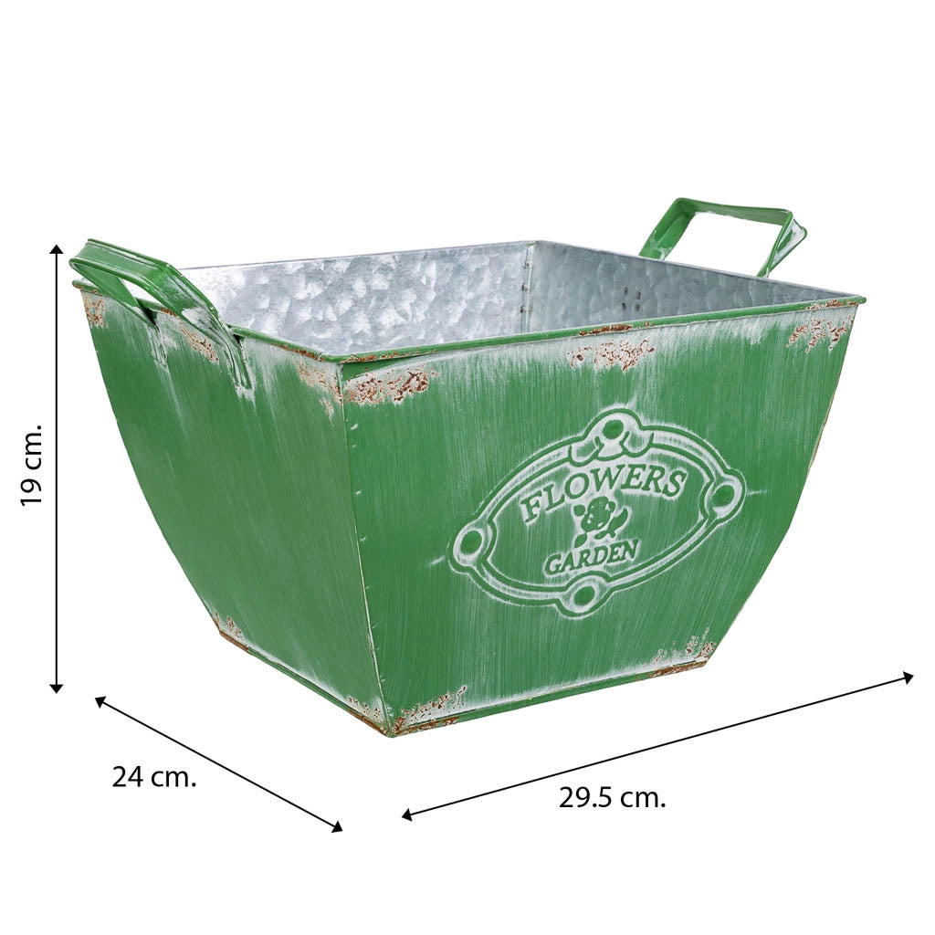 Fioriera in metallo verde 29,5/24x24x16,5/19h b:15,5x15,5