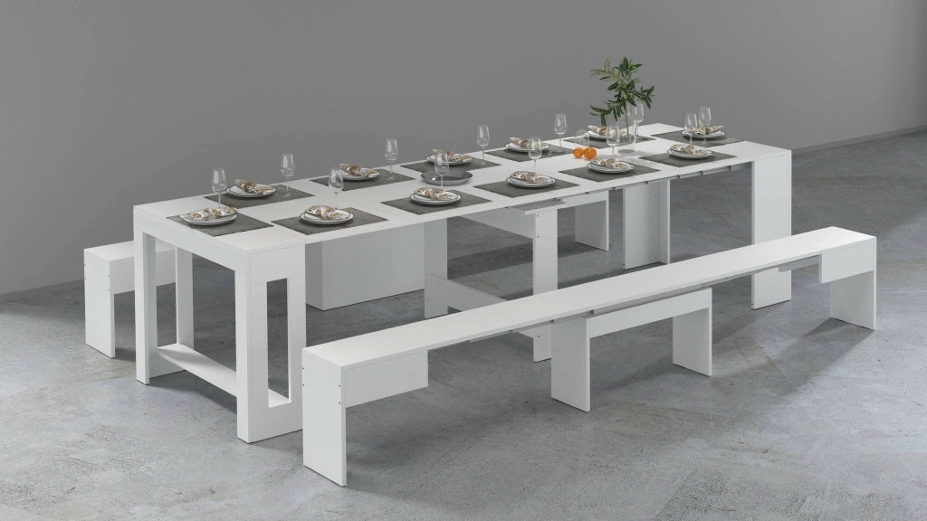 Auditore, set Tavolo e Sedie 12 Posti Made in Italy, Bianco Lucido