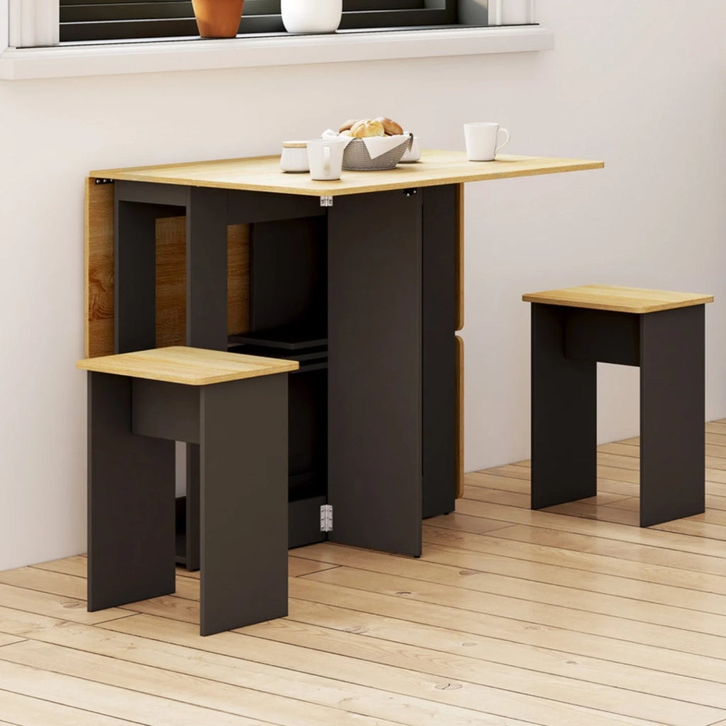 IDMarket - EDI Consolle pieghevole per 2-4 persone in legno nero con piano in faggio e 4 sgabelli