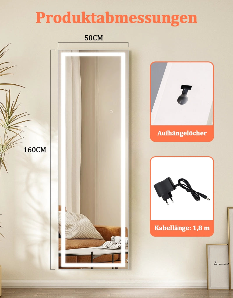ZMH Specchio a figura intera Illuminato 160cm Specchio da Terra e Parete Full Length Standing Mirror