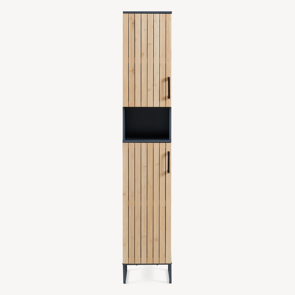 Mobile a Colonna Svanes con 2 Ante in Bambù e 6 Scomparti 170 x 30 x 30 cm - Grigio Scuro/Naturale [en.casa]