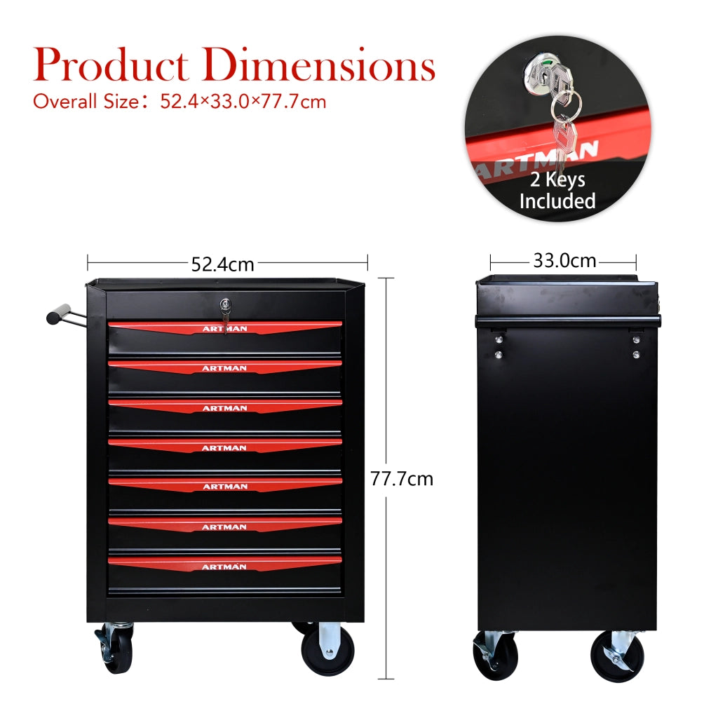 Mobile contenitore con 7 cassetti e serratura con guide a sfere; per garage e officina; in acciaio; nero rosso