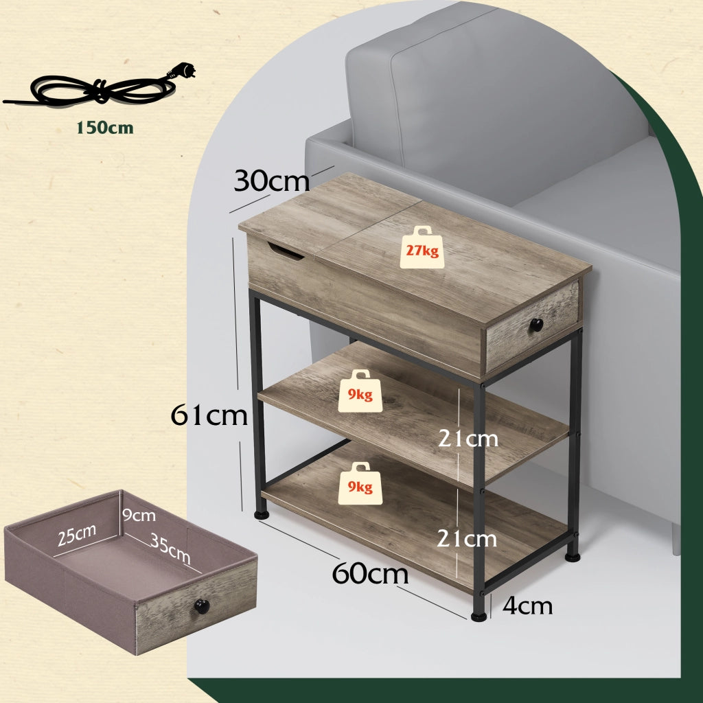 Tavolino ripiano impilabile con prese e USB ¨C Zephmum ¨C Grigio beige 50x50x50