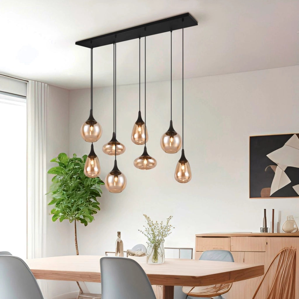 Lampada a sospensione 8 diffusori, vetro, nero e ambra, L 121 cm, Lumina