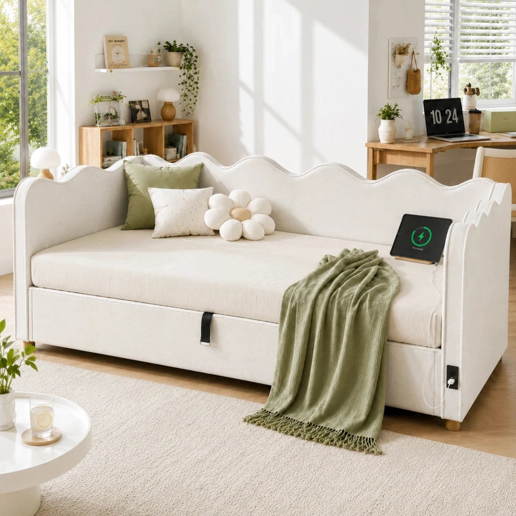 Letto contenitore 90×200 cm; letto 1 piazza con vano idraulico; USB e type-c; senza materasso; in velluto beige