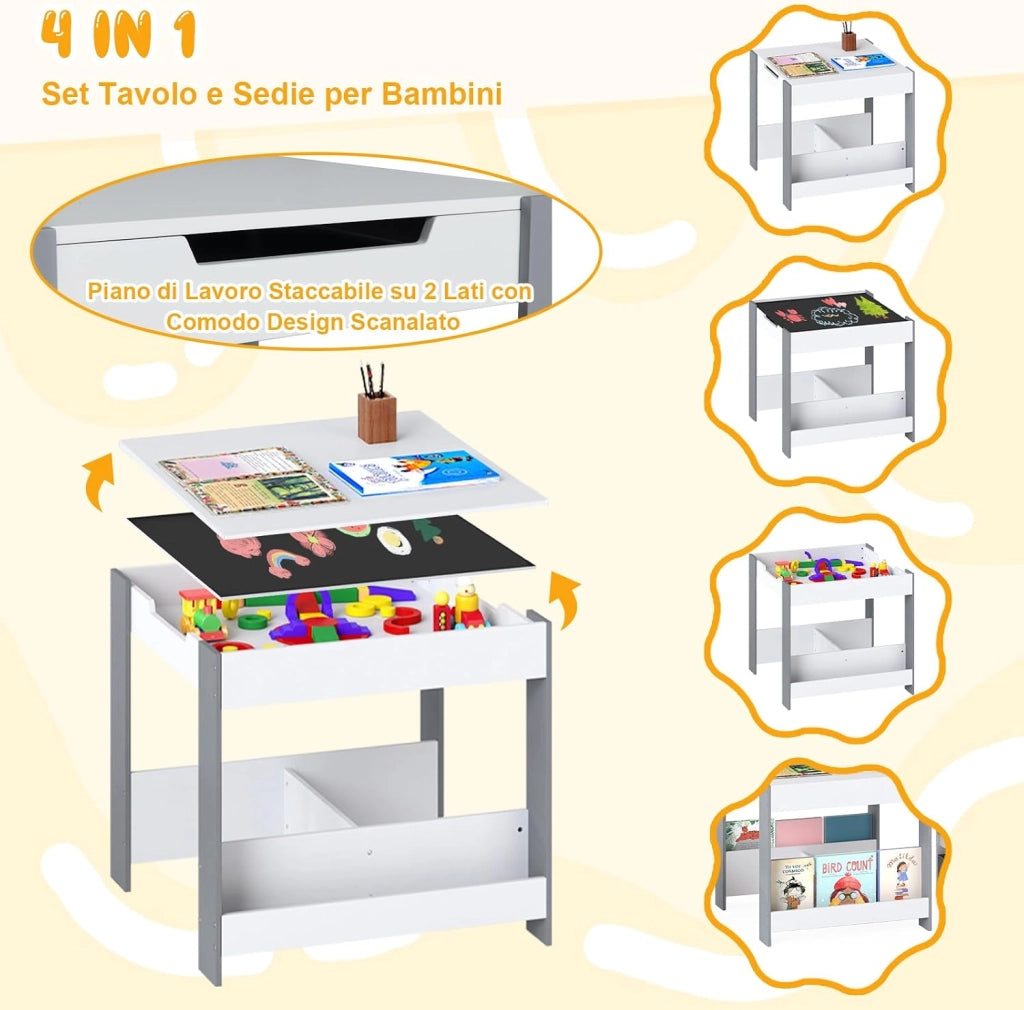 4 in 1 Set Tavolo e Sedie per Bambini 3+ Anni, Tavolo e Sedie con Piano Reversibile, Scaffali e Cassetti, Ideale per Disegno, Lettura e Studio (Grigio, Stile 3)