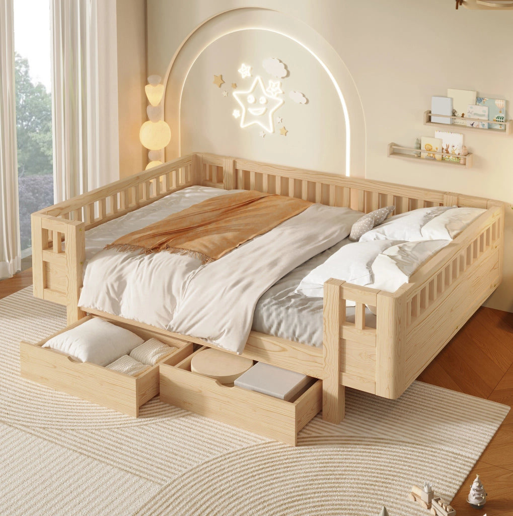 Letto a piattaforma 140x200 cm con sponde alte e due ampi cassetti, colore legno