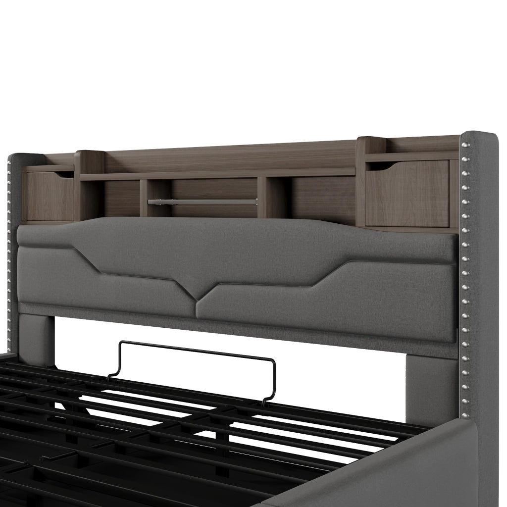 Letti contenitori 180x200 cm; rialzo idraulico e luci LED; lino e MDF grigio (Senza materasso)