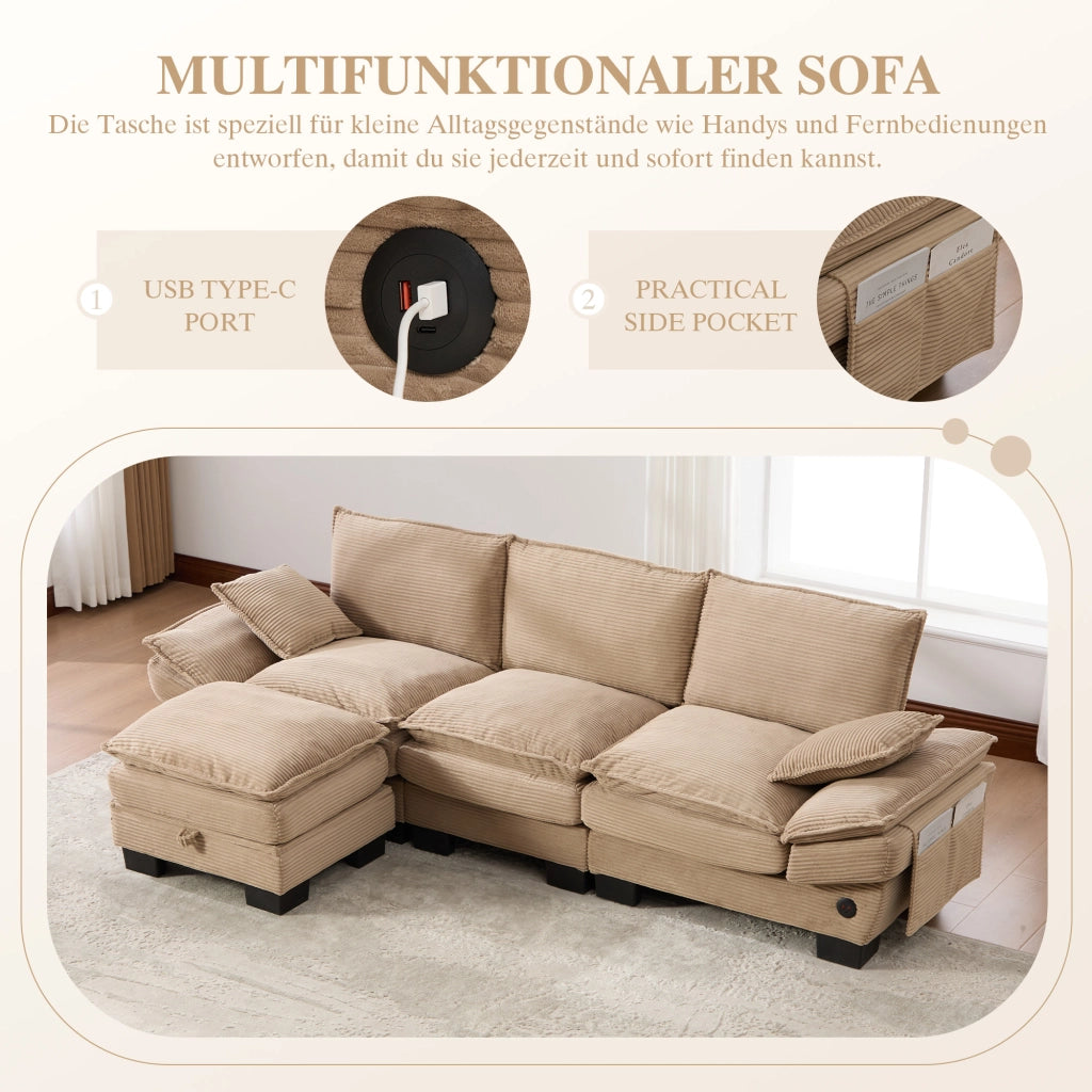 Canapé modulaire 3 posti con pouf, seduta ergonomica, porta USB-C e tasche laterali, in tessuto a coste khaki