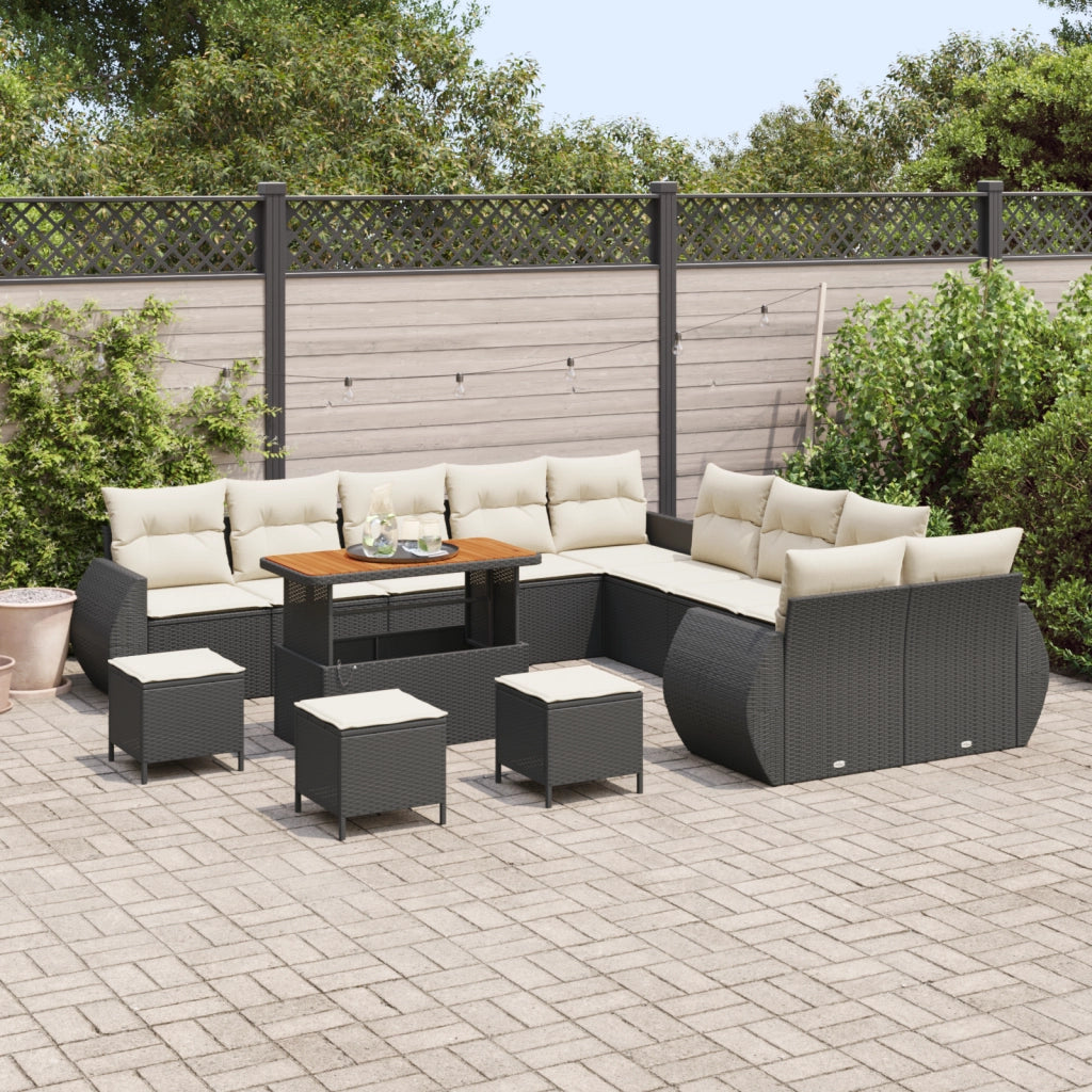 Set di Divani da Giardino  da 14 Pezzi con Cuscini Nero Polyrattan Acacia