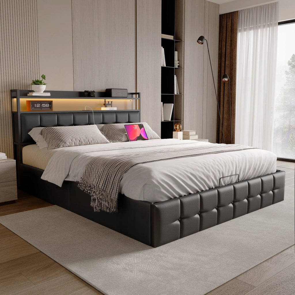 Letto matrimoniale 140x190 cm con contenitore LED USB testiera struttura letto MDF e PU - nero