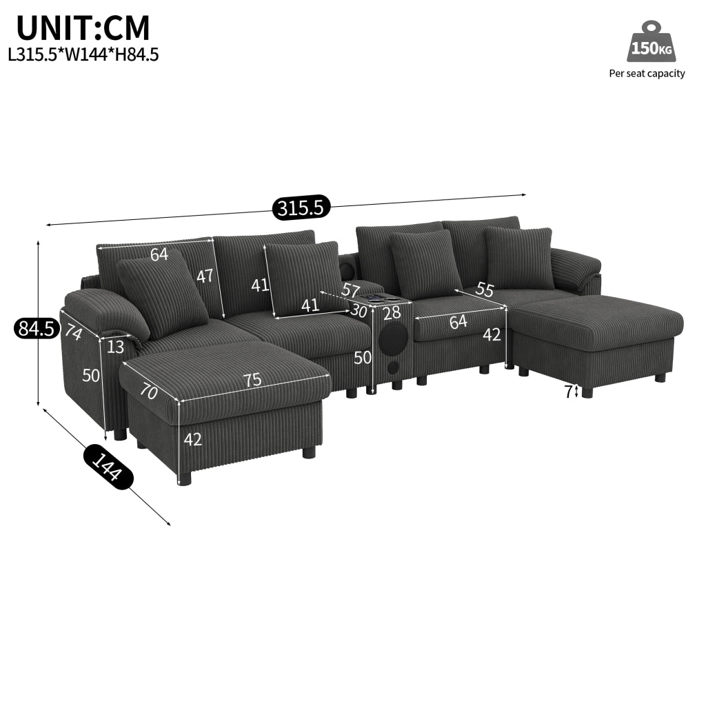 Divano modulare a U in velluto a coste con altoparlante Bluetooth e consolle con vano ricarica USB e Type-C grigio