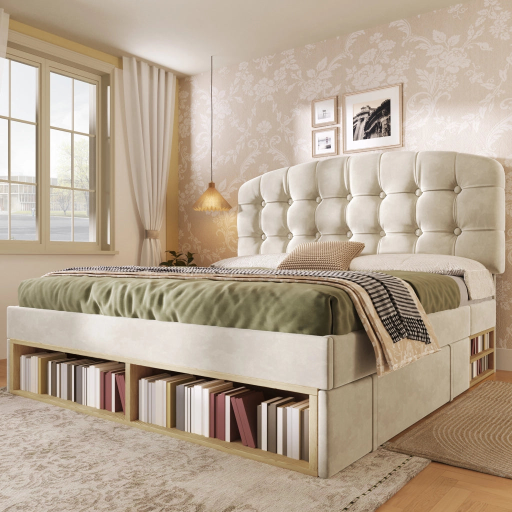 LETTO imbottito 140x200 cm in velluto beige con testiera regolabile e cassetti