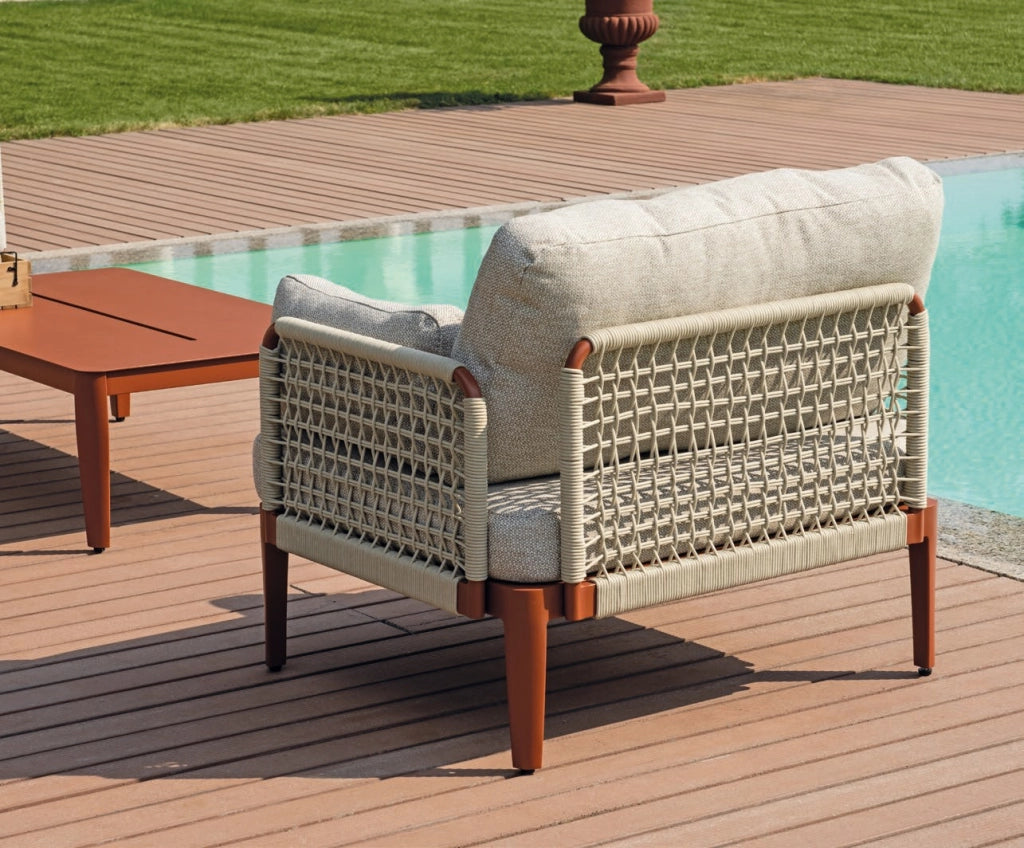 Salotto da esterno divano con poltrone e tavolino alluminio rosso, corda beige Bandol