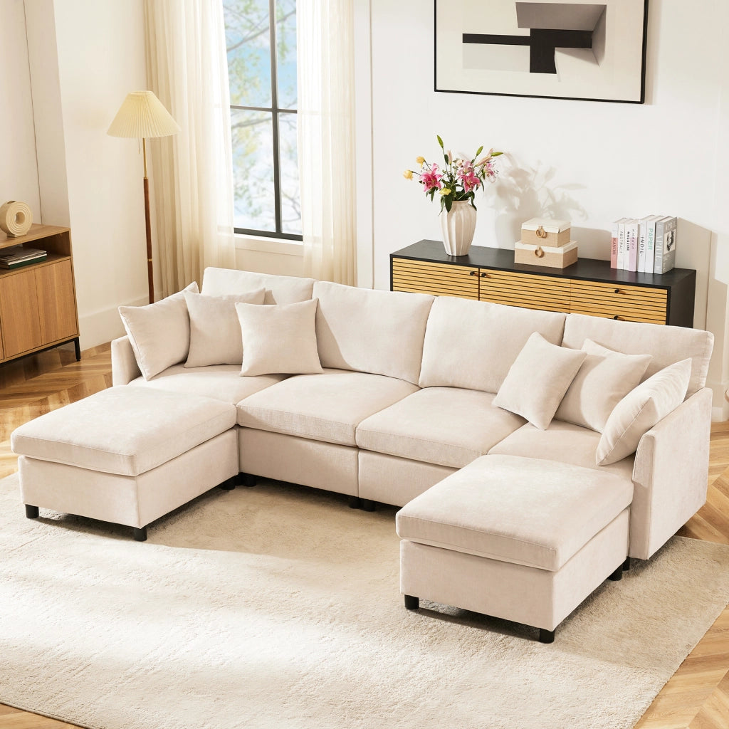 Divano Modulare da 4 a 6 Posti con Configurazione a U o a L e 2 Pouf, 6 Cuscini, in Ciniglia Beige