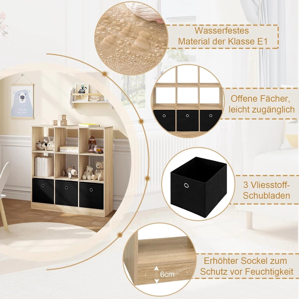Libreria Scaffale, Libreria a 9 Cubi Portaoggetti, Scaffale in Legno con 3 Cassetti in Tessuto Non Tessuto, per Soggiorno, Camera da Letto, Ufficio, Rovere Chiaro, 80x30x86,5 cm, SK041hei