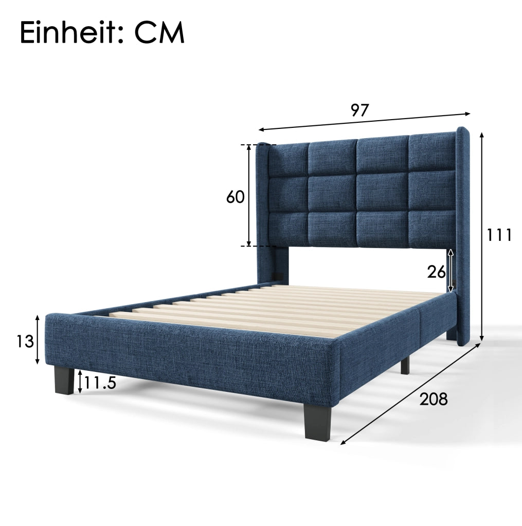 Letto singolo imbottito con testiera e rete a doghe 90x200 cm in lino blu