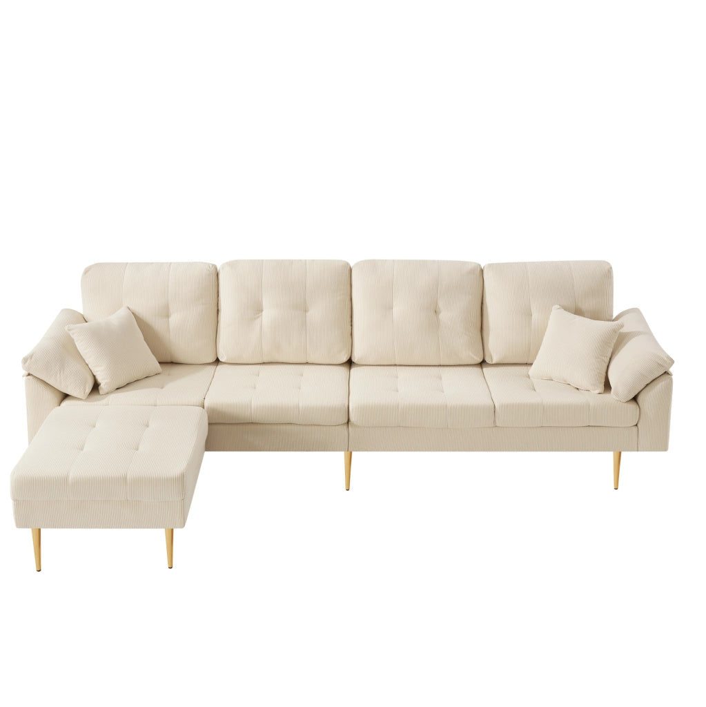 Divano 4 posti 250x70x87 cm con pouf separato configurabile a L; velluto a coste beige chiaro