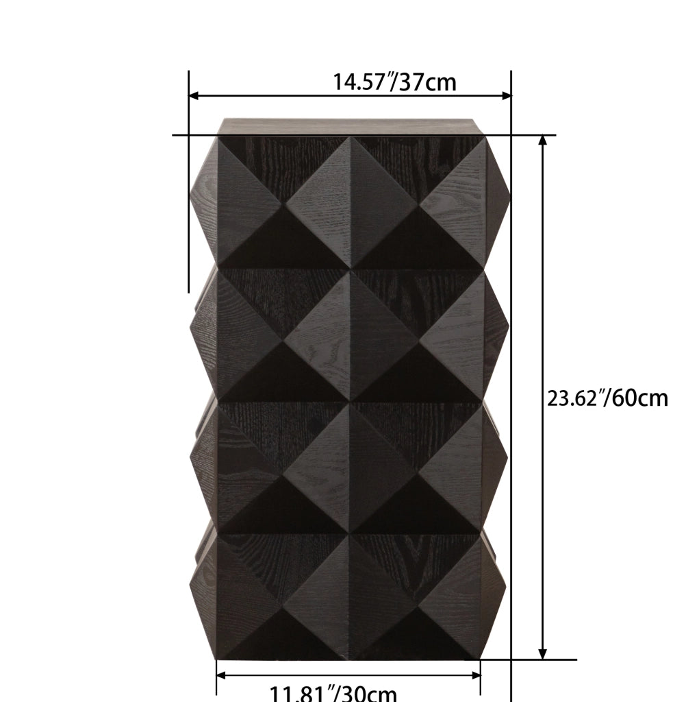 Tavolino laterale retrò nero con rilievo, legno massello e MDF