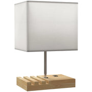 Lampada da comodino, porte USB, legno, tessuto, interruttore a bilanciere, vani portaoggetti, bianco