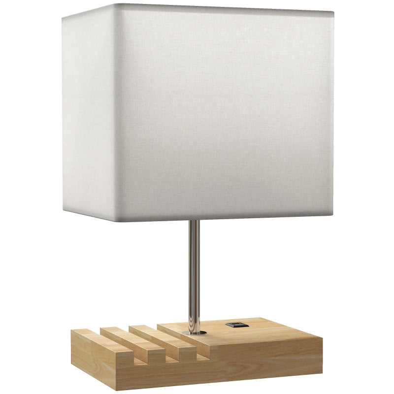 Lampada da comodino, porte USB, legno, tessuto, interruttore a bilanciere, vani portaoggetti, bianco