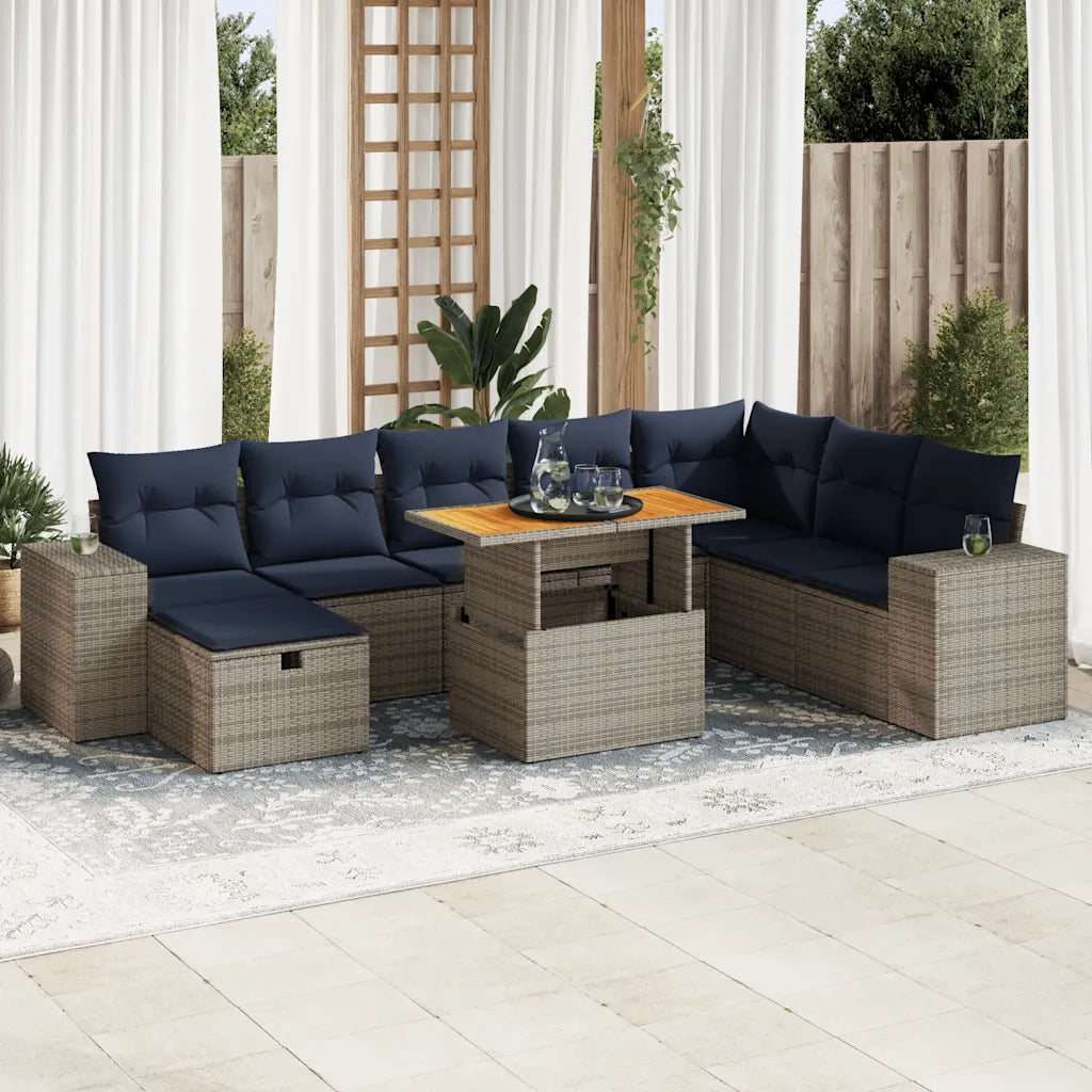 Set Divano da Giardino 9pz con Cuscini Grigio Polyrattan Acacia 3328104