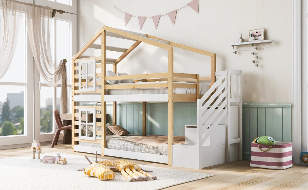 DESMIU Letto a castello casetta 90 × 200 cm 2 posti con scala contenitore, senza materasso, naturale e bianco