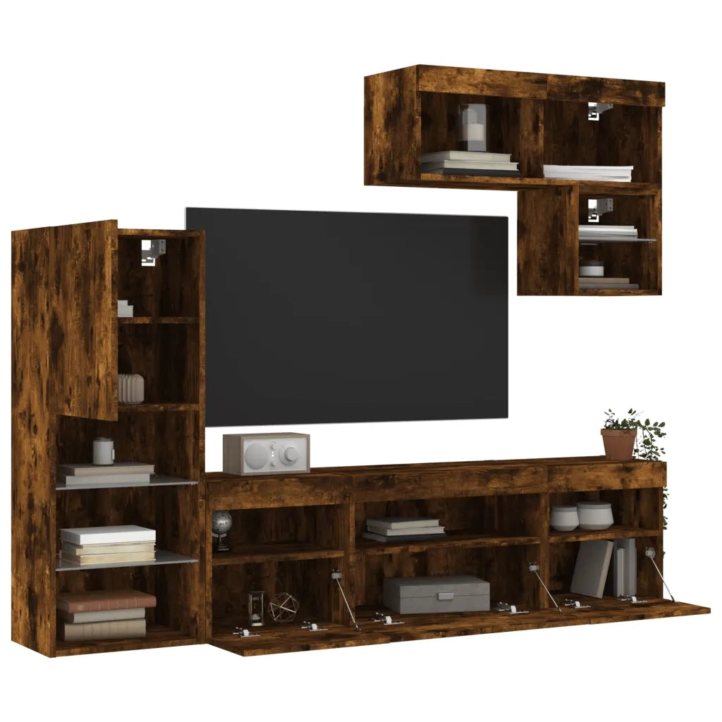 Mobili TV a Muro con LED 6pz | Armadietto TV | Mobile Porta TV Rovere Fumo in Legno Multistrato
