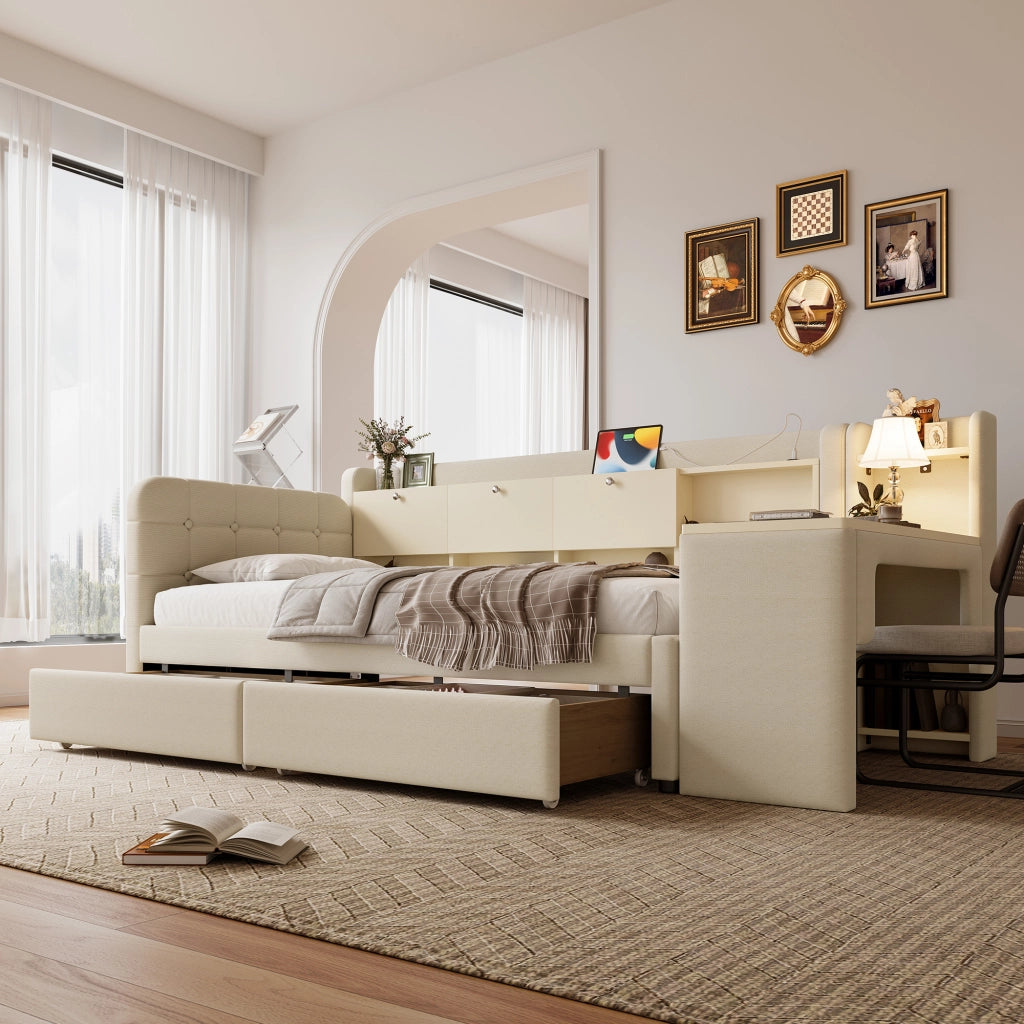 DESMIU Letto banquette 90 × 200 cm 1 posto con 2 cassetti, scrivania, USB e Type-C, senza materasso, beige