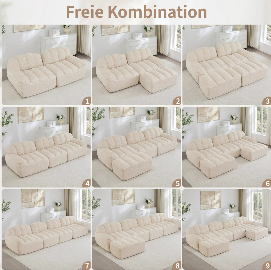 Divano modulare angolare 2 posti con ottomana 210x165x79 cm in fleece granulato beige bianco