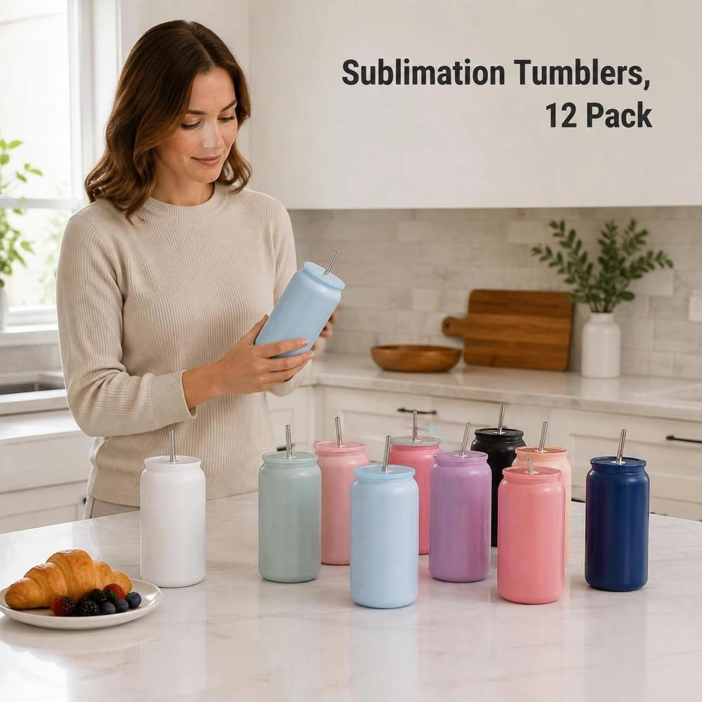 Sublimation Tumblers, 12 Pack, 16 Oz Multicolored Tumblers Bulk, Stainless Steel Sublimation Cups With Lids And Straws, Double Wall Insulated Tumbler Blank, For DIY Personalized Customization