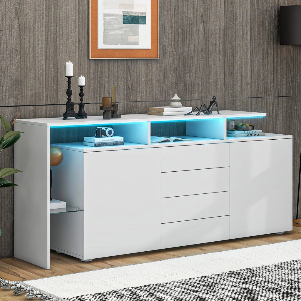 Credenza moderna 160 cm con LED; 4 cassetti; 2 ante e vetro; bianca