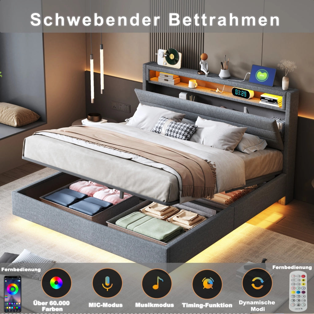 LETTO Contenitore Idraulico 160x200 cm Tessuto Grigio con USB e LED