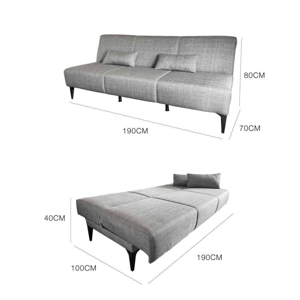 Divano letto Aza, Divano letto in tessuto, Divano letto con apertura click-clack, Divano letto con cuscini, 190x70h80 cm, Grigio