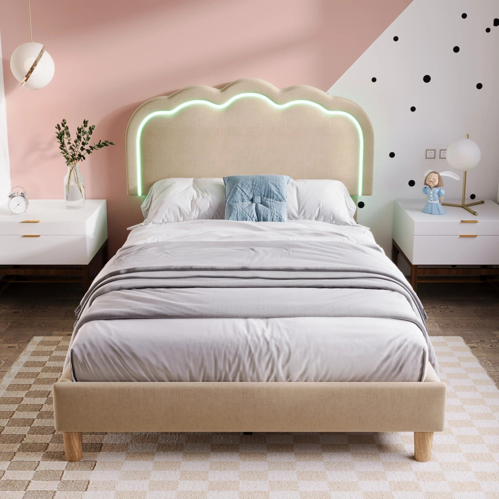 LETTO imbottito LED 90x190 cm beige con testiera regolabile