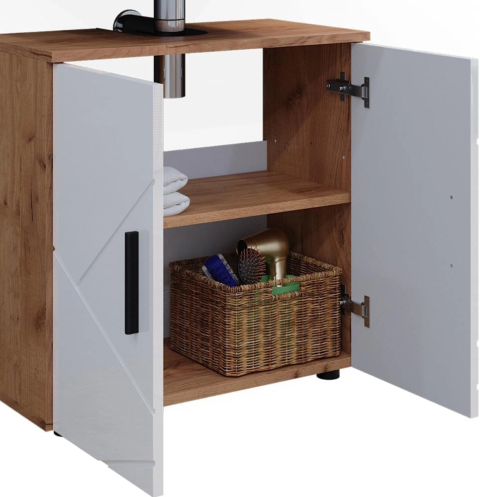 Set di mobili da bagno Irma, Bianco lucido/oro power oak, 80 cm, composto da mobile sottolavabo, specchiera e colonna alta