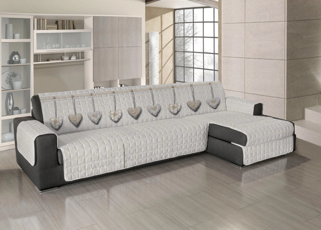 Copridivano Trapuntato Per Divani Con Penisola Disegno Cuore Appeso - 240-245 cm - Beige