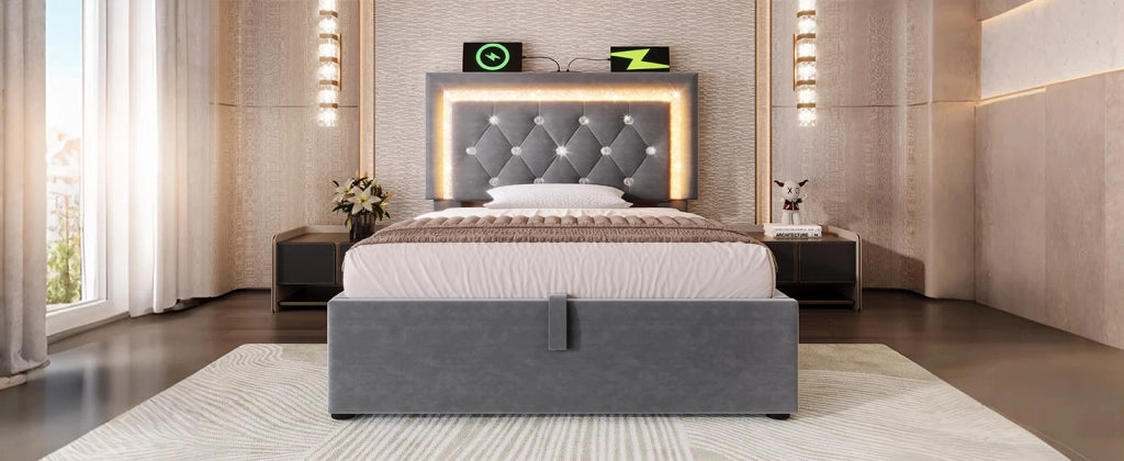 DESMIU Letto singolo 90 × 200 cm con contenitore, USB e Type-C, LED regolabile, senza materasso, in velluto, grigio