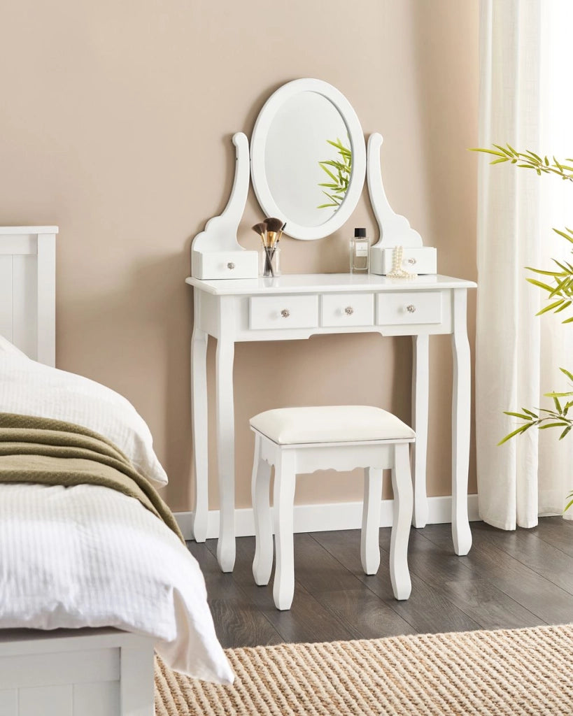 Toeletta Bianca MDF Legno Massello 140 x 80 cm 5 Cassetti Mobili Soggiorno Glam Design Camera Da Letto