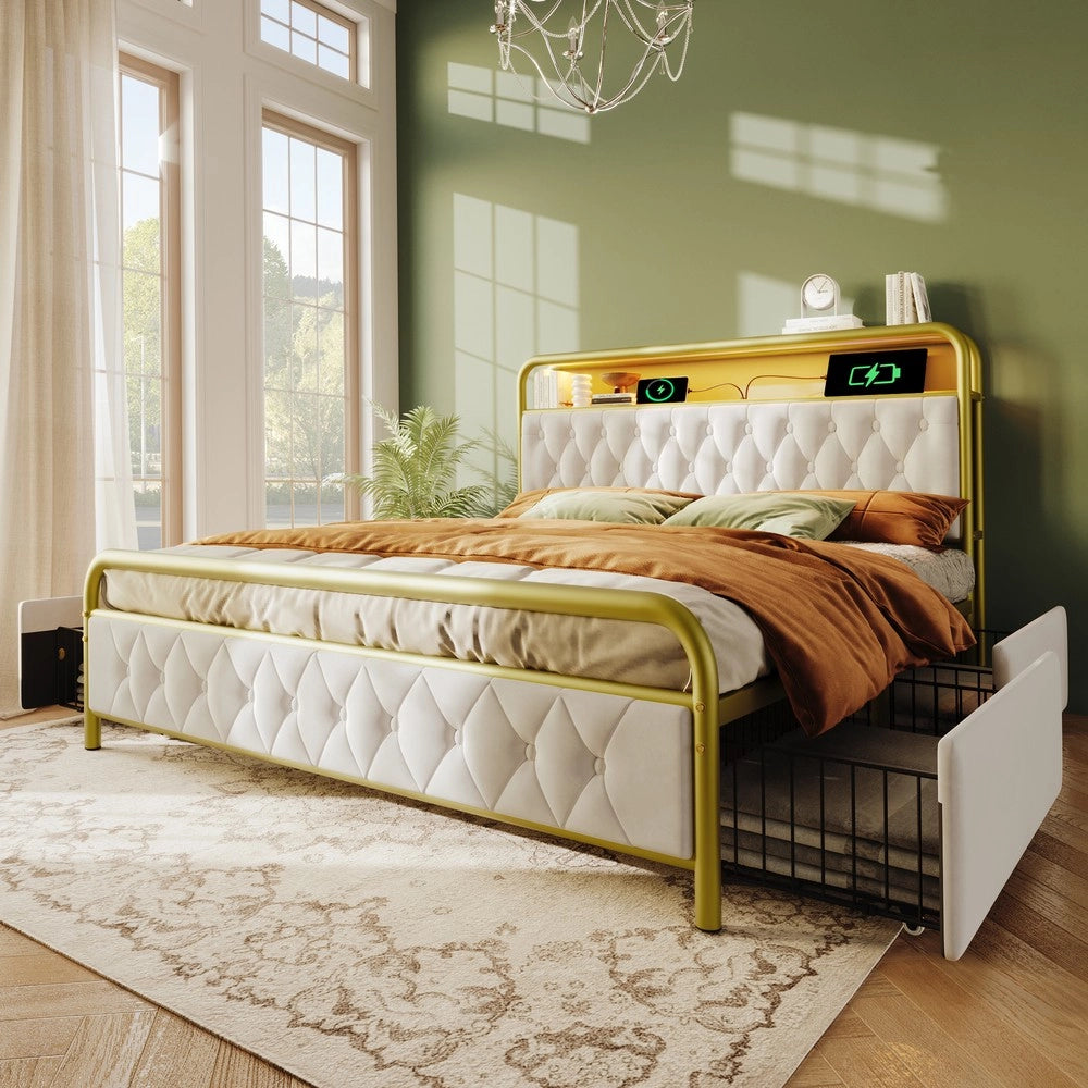 Letto Imbottito Matrimoniale con Cassetti e LED ¨C MINIMAL ¨C Velluto 140x200