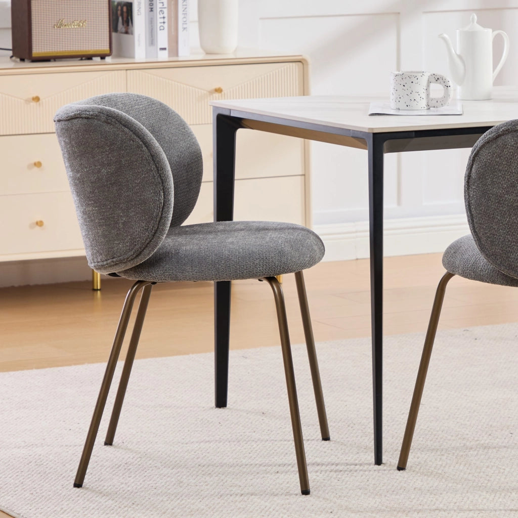 Sedia da Pranzo in Tessuto Chenille con Schienale Curvo ¨C MINIMAL ¨C Gambe in Metallo Bronzo, Grigio