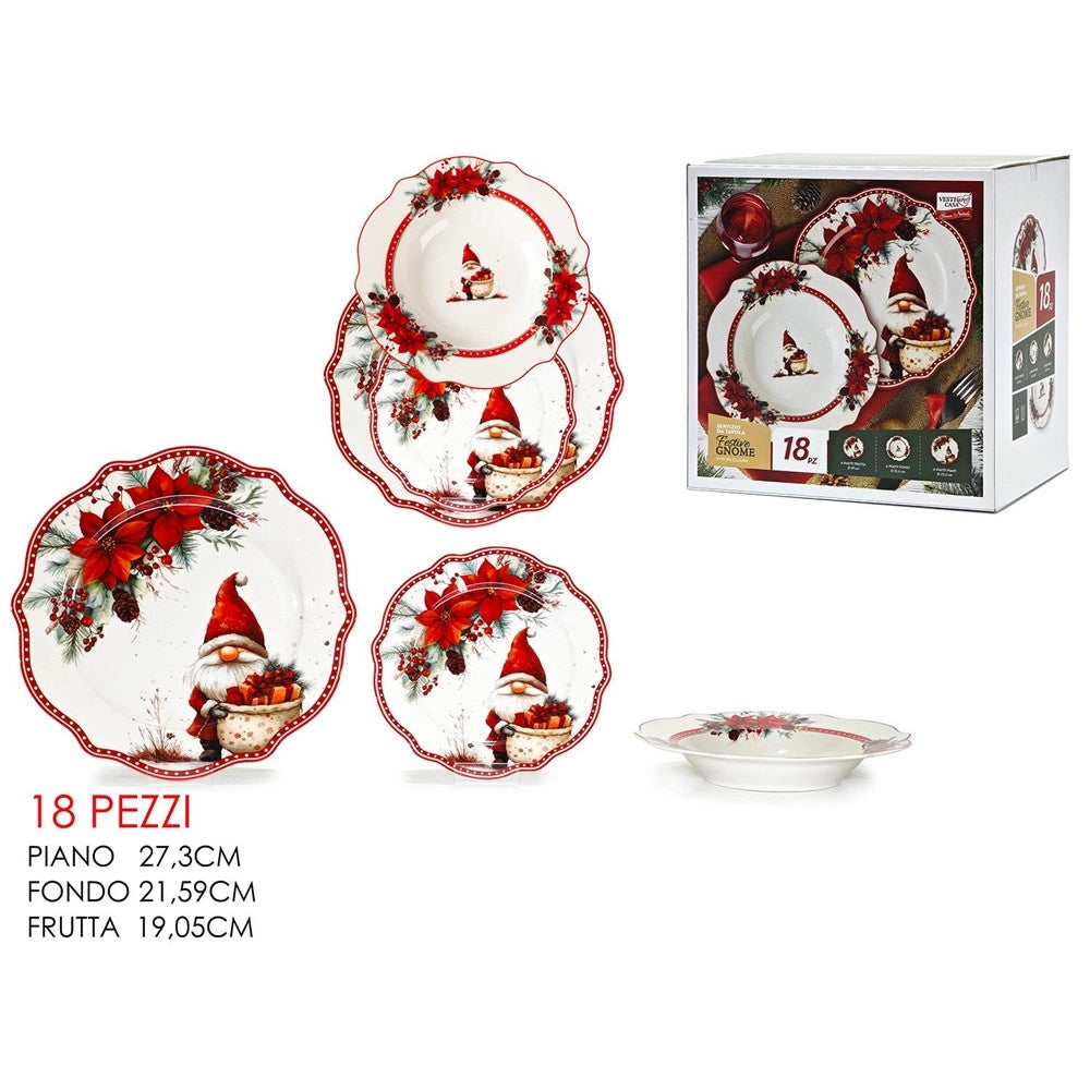 Trade Shop - Servizio Piatti Da Tavola In Porcellana 18pz Motivo Natalizio Con Gnomi Bordi Ondulati -