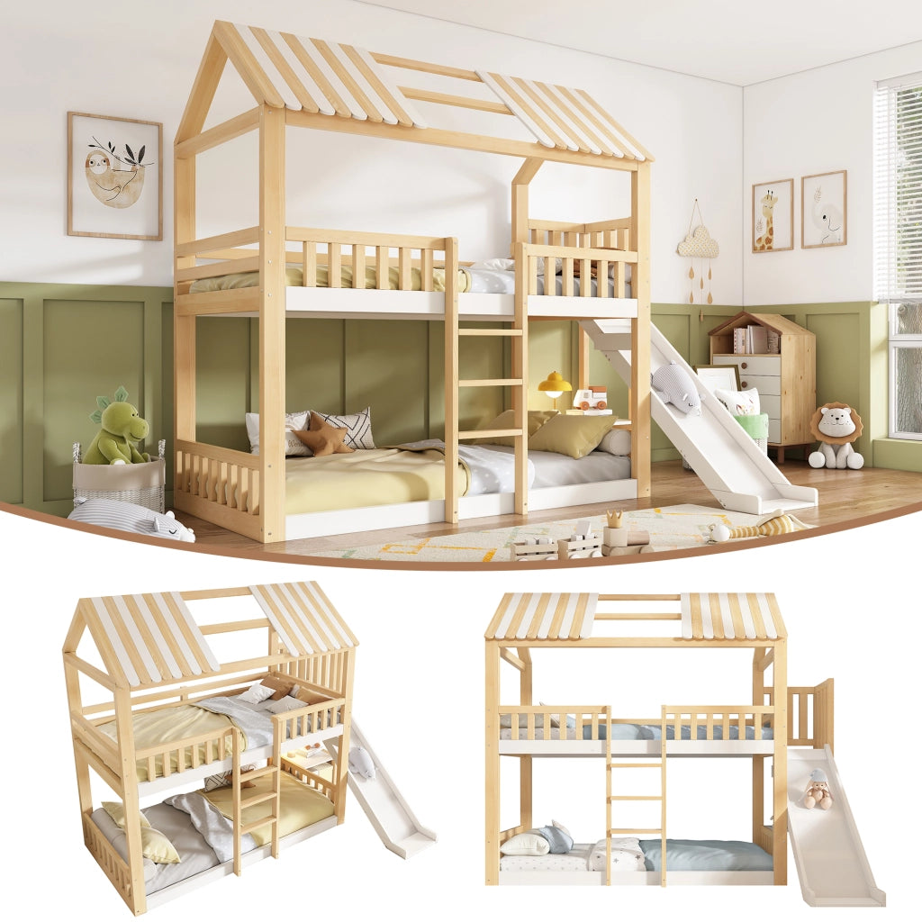 DESMIU Lit letto a castello per bambini 90 × 200 cm 2 posti con ripiano e scivolo, senza materasso, in legno, bianco e naturale