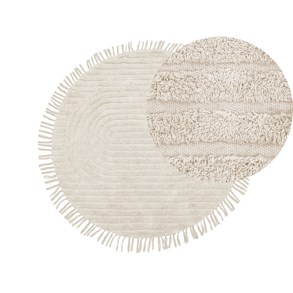 Tappeto rotondo in cotone beige ⌀ 140 cm trapuntato con motivo a frange boho soggiorno camera da letto