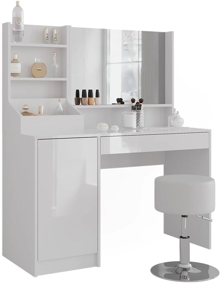 Tavolo da toeletta Sherry, Bianco/bianco lucido, 119.8 cm 4 parti